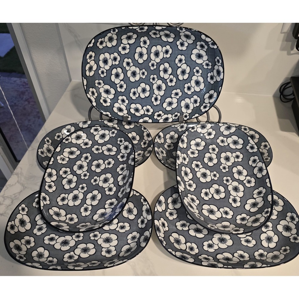 Japanese Style Plum Blossom Checkered Porcelain Plate/ Bowls Platter Lot Of 7